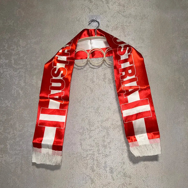 Austria Scarf 14x135cm Double-sided Printed Satin Austria Flag Scarf Tassels Suitable for 2026 Football cup, Sports, Events.