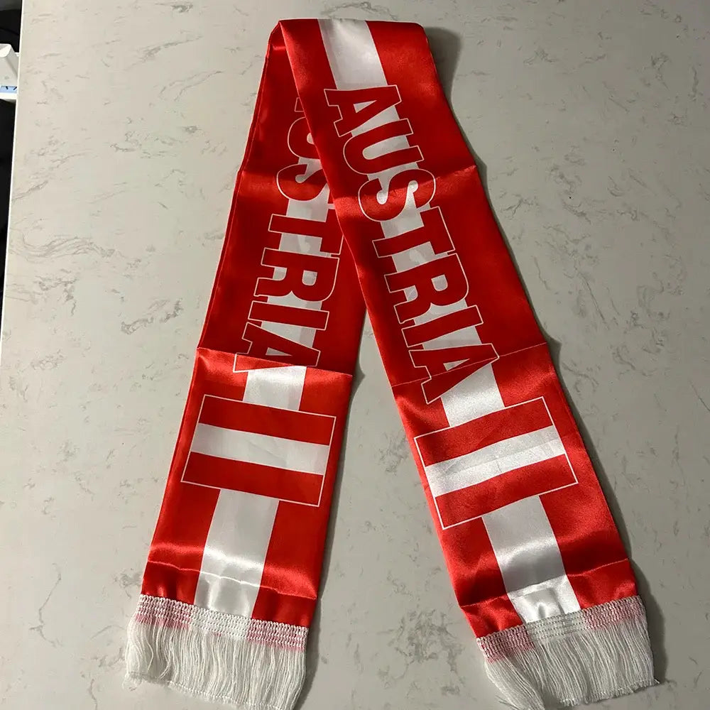 Austria Scarf 14x135cm Double-sided Printed Satin Austria Flag Scarf Tassels Suitable for 2026 Football cup, Sports, Events.