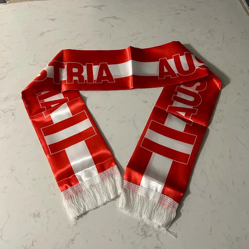 Austria Scarf 14x135cm Double-sided Printed Satin Austria Flag Scarf Tassels Suitable for 2026 Football cup, Sports, Events.