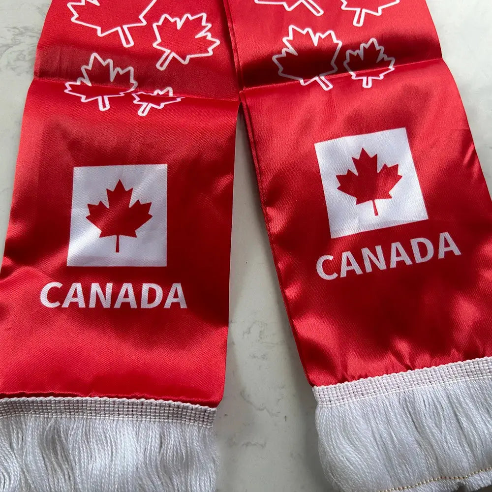 Canada Scarf 14x135cm Double-sided Printed Canada Flag Satin Canadian Scarf Suitable for 2026 world cup Sports Events.