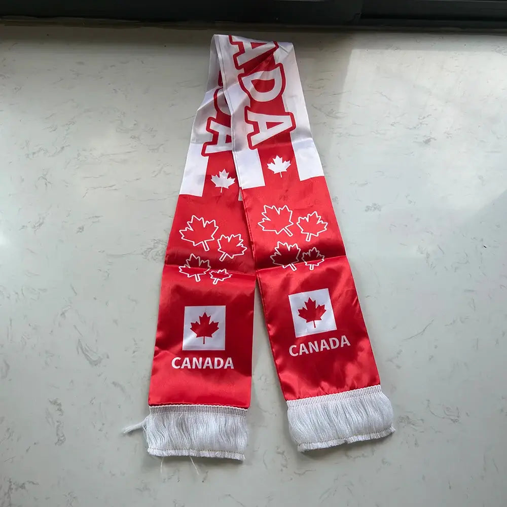 Canada Scarf 14x135cm Double-sided Printed Canada Flag Satin Canadian Scarf Suitable for 2026 world cup Sports Events.