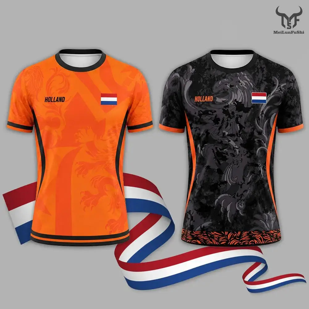 Netherlands Flag Print Football Jersey Outdoor Casual Breathable Short Sleeve Tops Summer Men Gym Sports Training Soccer T-shirt.