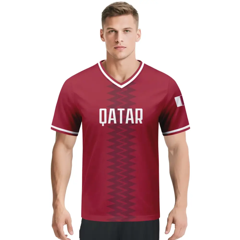 Custom Qatar Soccer Jersey Personalized with Name Number V-neck Football National Team Shirt for Men Youth Women.