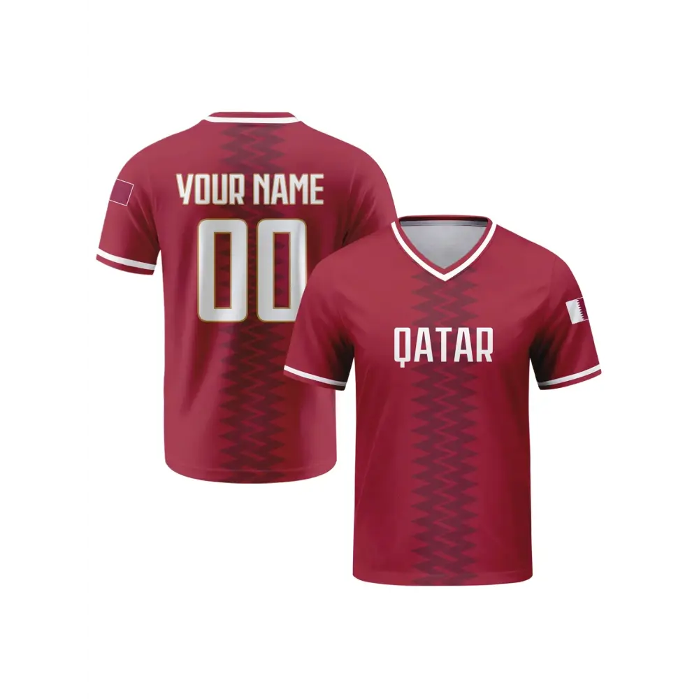 Custom Qatar Soccer Jersey Personalized with Name Number V-neck Football National Team Shirt for Men Youth Women.