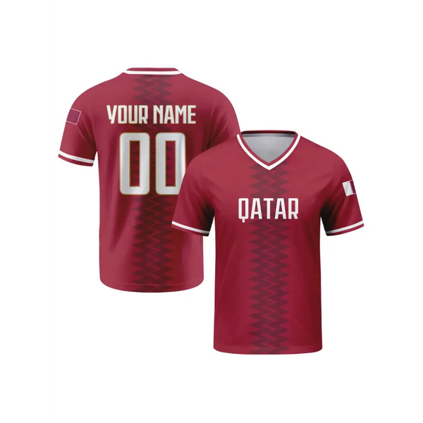 Custom Qatar Soccer Jersey Personalized with Name Number V-neck Football National Team Shirt for Men Youth Women.