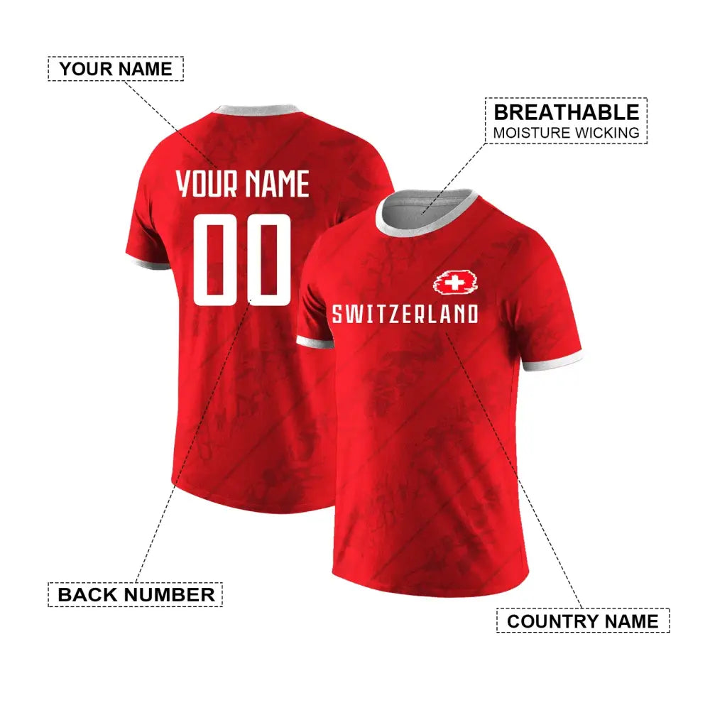 Custom Switzerland National Team Soccer T-shirt Personalized Name Number Football Shirt, Comfort Sportswear for Men Women Youth.