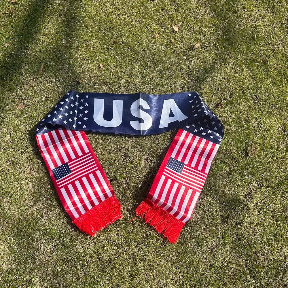 USA Scarf 14x135cm Double-sided Printed United States Flag Satin America Scarf Suitable for 2026 world cup Sports Events.